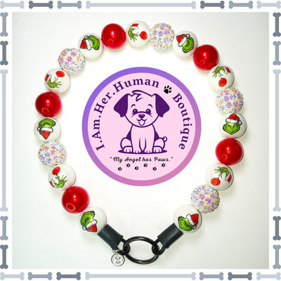 Christmas, Grinch Face, Grinch Hand, Red Pearls, Star Rhinestones, Chunky Glam Bead Dog Collar, Bubblegum Bead Dog Collar, Beaded Dog Collar, Bubblegum Beaded Collar, Acrylic