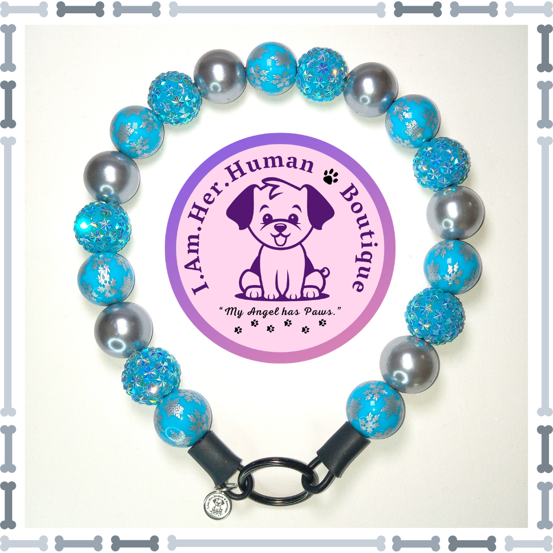 Christmas, Blue, Silver Snowflakes, Rhinestones, Pearls, Chunky Glam Bead Dog Collar, Bubblegum Bead Dog Collar, Beaded Dog Collar, Bubblegum Beaded Collar, Acrylic