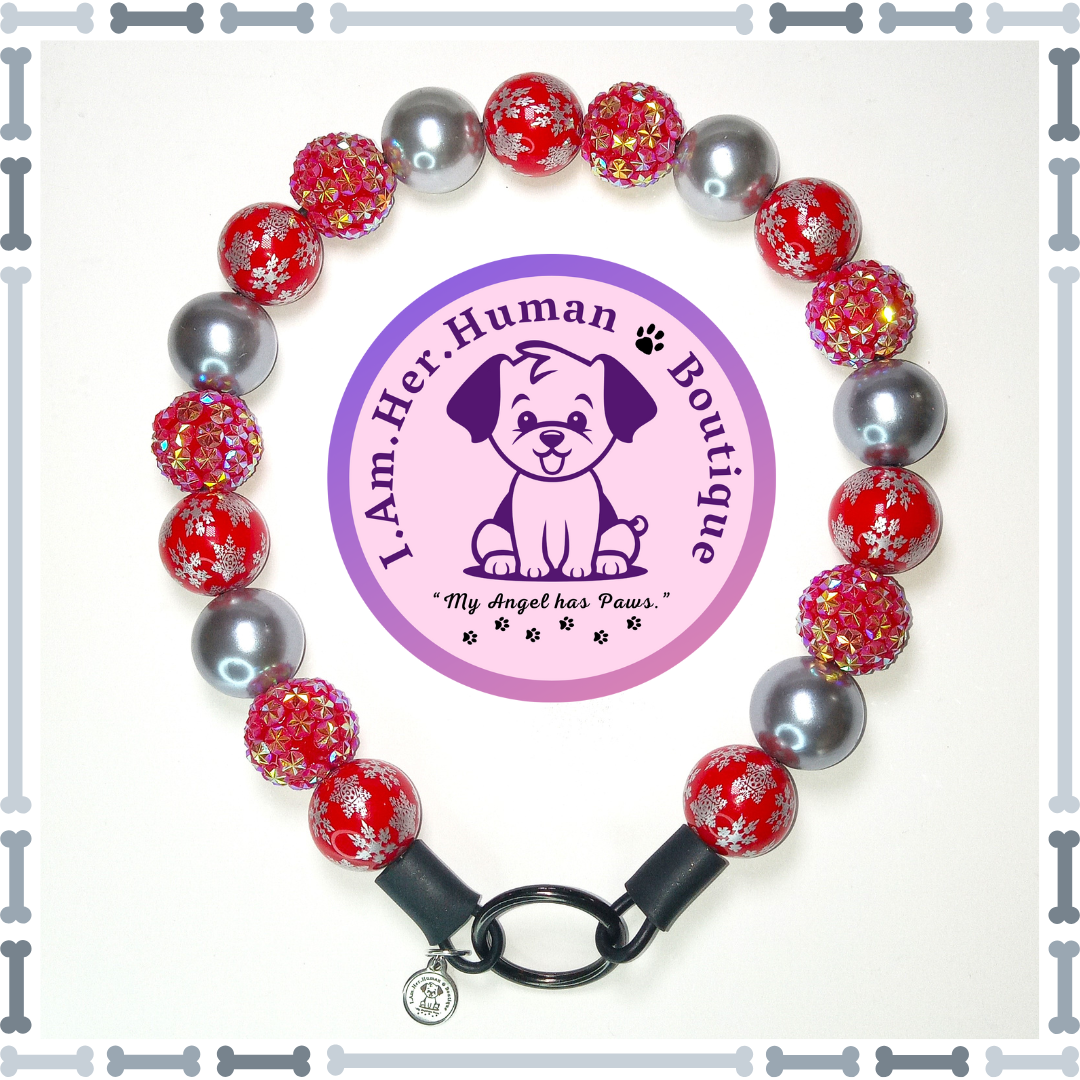 Christmas, Red, Silver Snowflakes, Rhinestones, Pearls, Chunky Glam Bead Dog Collar, Bubblegum Bead Dog Collar, Beaded Dog Collar, Bubblegum Beaded Collar, Acrylic