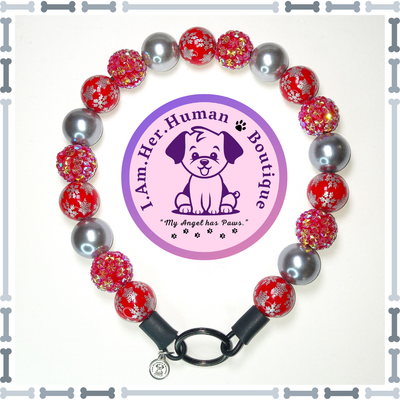 Christmas, Red, Silver Snowflakes, Rhinestones, Pearls, Chunky Glam Bead Dog Collar, Bubblegum Bead Dog Collar, Beaded Dog Collar, Bubblegum Beaded Collar, Acrylic