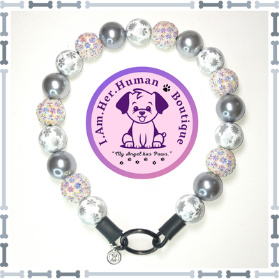 "White Winter Wonderland" Chunky Glam Bead Collar Christmas, White, Silver Snowflakes, Rhinestones, Pearls, Chunky Glam Bead Dog Collar, Bubblegum Bead Dog Collar, Beaded Dog Collar, Bubblegum Beaded Collar, Acrylic