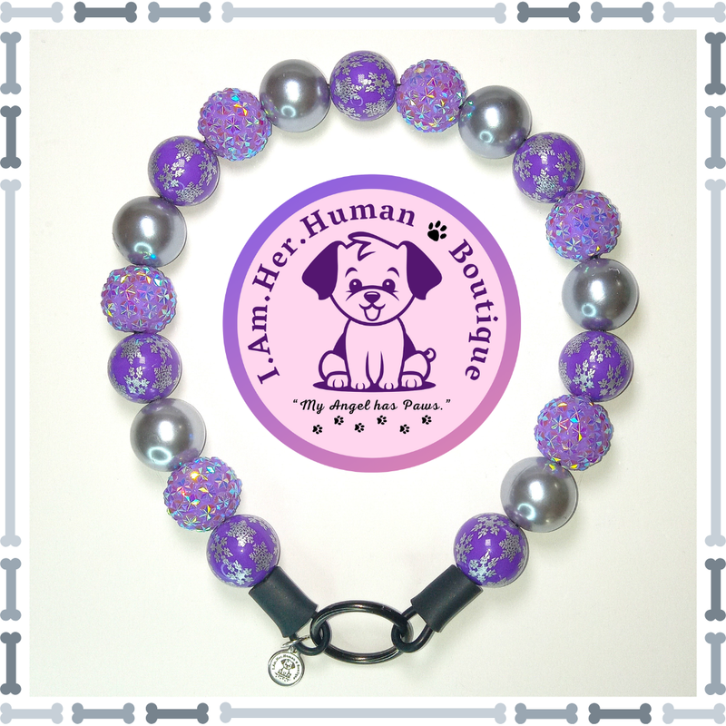 "Purple Winter Wonderland" Chunky Glam Bead Collar Christmas, Purple, Silver Snowflakes, Rhinestones, Pearls, Chunky Glam Bead Dog Collar, Bubblegum Bead Dog Collar, Beaded Dog Collar, Bubblegum Beaded Collar, Acrylic