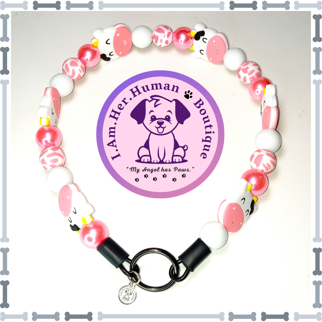 Cute Pink Cow Face Beaded Dog Collar, Pink &amp; White, Silicone Bead Dog Collar, Bubblegum Bead Dog Collar, Dog Pearls, Bead Dog Necklace, Pink &amp; White Cow Print, Silicone Glam Bead Dog Collar