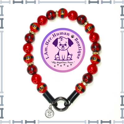 "Lil Red Santa" XS Mini Glam Bead Collar Christmas Dog Collar, Red Santa Beads, Red Plaid Beads, Red Pearls, Rhinestone Spacer Beads, XS Mini Glam Dog Bead Collar, Bubblegum Bead Dog Collar, XS Mini Beaded Dog Collar, Bubblegum Beaded Collar, Acrylic, Dog Pearls, Bead Dog Necklace