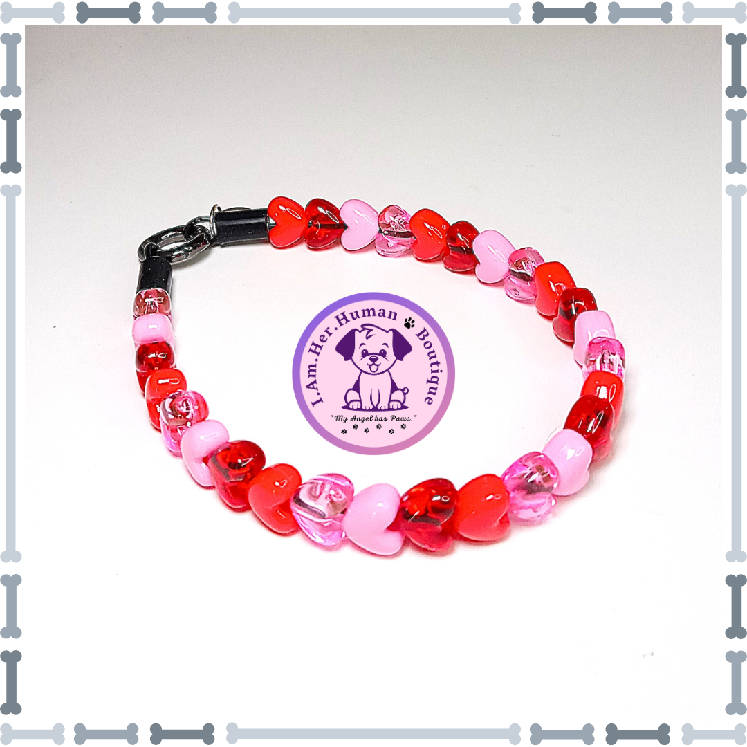 Valentines Dog Collar, Heart Shaped Acrylic Beads, Red and Pink Solid, Red and Pink Jelly, XS Mini Glam Dog Bead Collar, Holiday Bead Dog Collar, XS Mini Beaded Dog Collar, Acrylic, Dog Pearls, Bead Dog Necklace