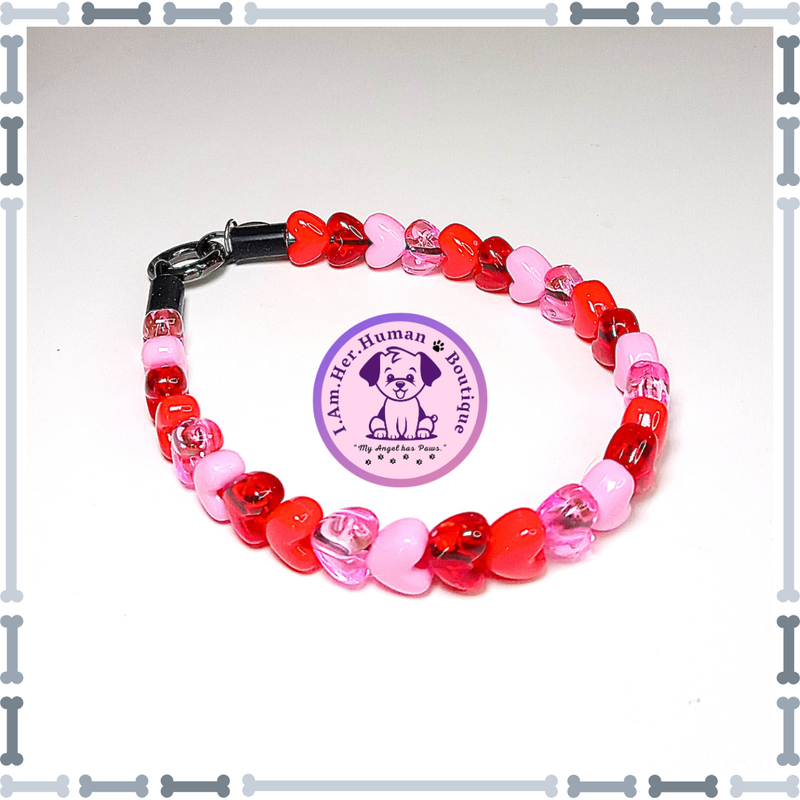 Valentines Dog Collar, Heart Shaped Acrylic Beads, Red and Pink Solid, Red and Pink Jelly, XS Mini Glam Dog Bead Collar, Holiday Bead Dog Collar, XS Mini Beaded Dog Collar, Acrylic, Dog Pearls, Bead Dog Necklace