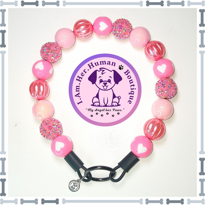 Valentines, Pink, Heart Print Beads, Pink Pearl, Rhinestone Beads, Chunky Glam Bead Dog Collar, Bubblegum Bead Dog Collar, Beaded Dog Collar, Bubblegum Beaded Collar, Acrylic