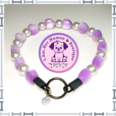 "Shimmering Hearts" Chunky Glam Bead Collar Valentines, Lilac Purple, Heart Shaped Beads, White Pearl Beads, Chunky Glam Bead Dog Collar, Bubblegum Bead Dog Collar, Beaded Dog Collar, Bubblegum Beaded Collar, Acrylic