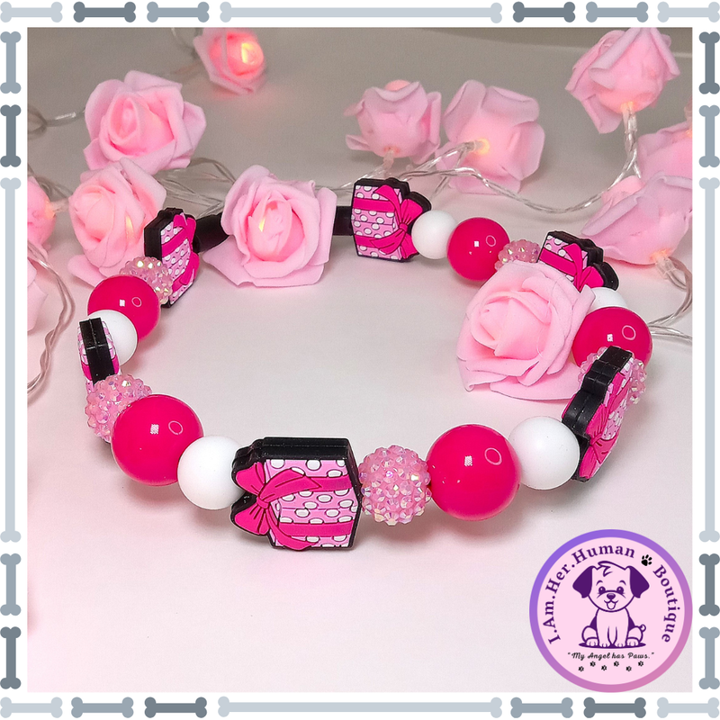 A PAWsome Gift, Pink Gift Silicone Beads, Hot Pink, Light Pink, White, Silicone Bead Dog Collar, Bubblegum Bead Dog Collar, Dog Pearls, Bead Dog Necklace, Silicone Valentine Bead Dog Collar