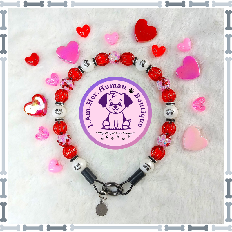 Jack Skellington Valentines Dog Collar, Red, Pink, White, Rhinestones, XS Bubblegum Dog Collar, Holiday Bead Dog Collar, XS Mini Beaded Dog Collar, Acrylic, Dog Pearls, Bead Dog Necklace