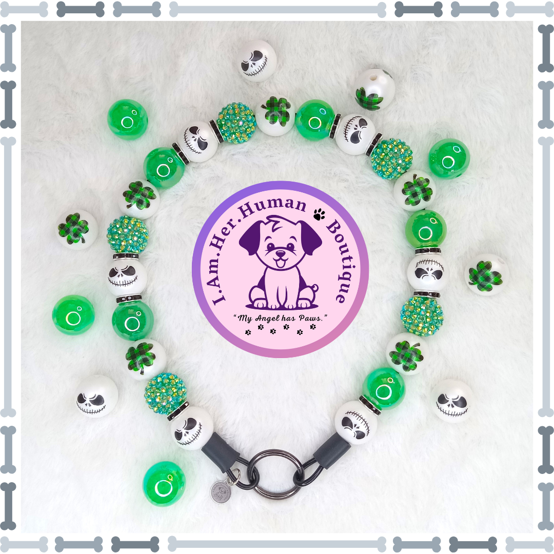 Saint Patrick&#39;s Day, Jack Face, Clover, Rhinestone, Green, Chunky Glam Bead Dog Collar, Bubblegum Dog Collar, Beaded Dog Collar, Bubblegum Beaded Collar, Dog Pearls, Acrylic