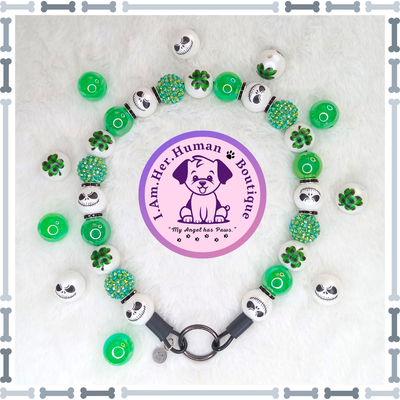 Saint Patrick&#39;s Day, Jack Face, Clover, Rhinestone, Green, Chunky Glam Bead Dog Collar, Bubblegum Dog Collar, Beaded Dog Collar, Bubblegum Beaded Collar, Dog Pearls, Acrylic