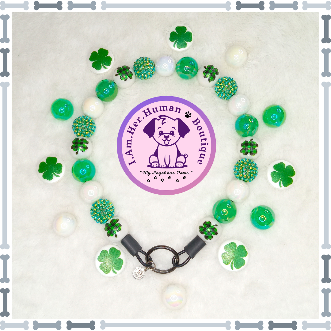 Saint Patrick&#39;s Day, Clover, Rhinestone, Green, Chunky Glam Bead Dog Collar, Bubblegum Dog Collar, Beaded Dog Collar, Bubblegum Beaded Collar, Dog Pearls, Acrylic
