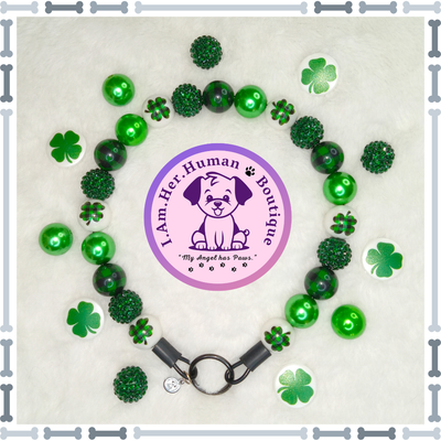 Saint Patrick&#39;s Day, Clover, Rhinestone, Green, Chunky Glam Bead Dog Collar, Bubblegum Dog Collar, Beaded Dog Collar, Bubblegum Beaded Collar, Dog Pearls, Acrylic