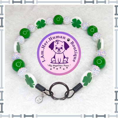 Saint Patrick&#39;s Day, Clover, Rhinestone, Green, Chunky Glam Bead Dog Collar, Bubblegum Dog Collar, Beaded Dog Collar, Bubblegum Beaded Collar, Dog Pearls, Acrylic