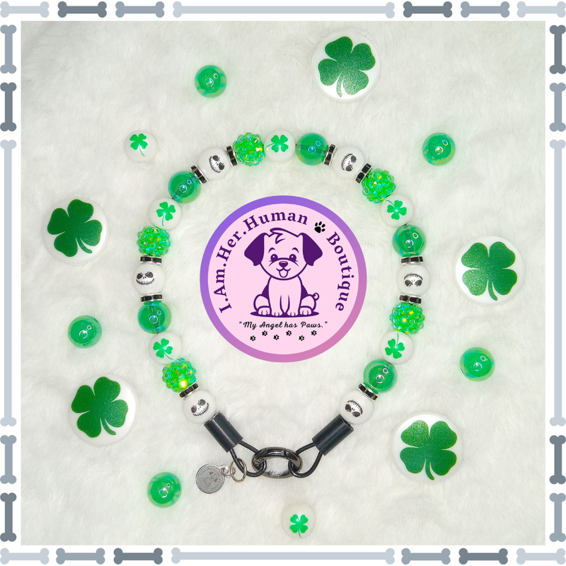 Jack Skellington Dog Collar, Green, White, Rhinestones, XS Bubblegum Dog Collar, Holiday Bead Dog Collar, XS Mini Beaded Dog Collar, Acrylic, Dog Pearls, Bead Dog Necklace