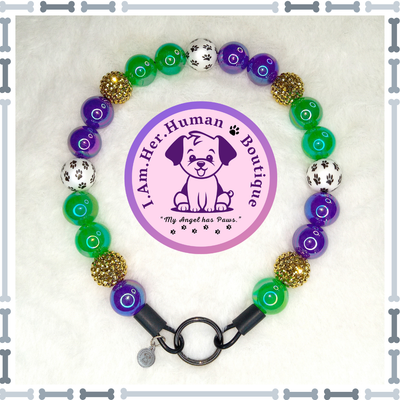 Purple, Green, Gold Rhinestone, Black &amp; White Paw Print, Chunky Glam Bead Dog Collar, Bubblegum Dog Collar, Beaded Dog Collar, Bubblegum Bead Collar, Acrylic, Dog Pearls, Dog Necklace