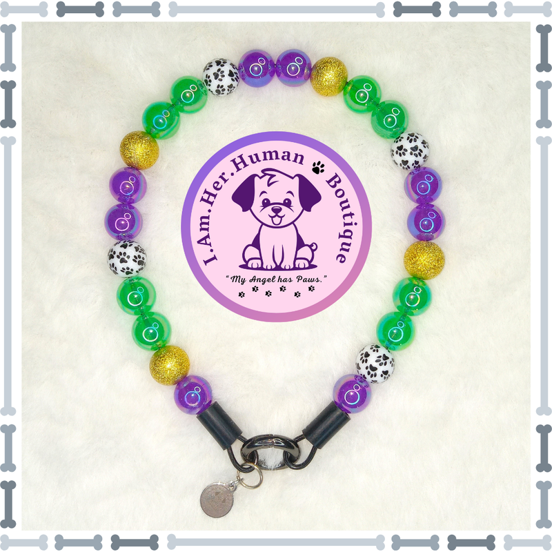 Mardi Gras Dog Collar, Green, Purple, Gold, Paw Print, XS Bubblegum Dog Collar, Holiday Bead Dog Collar, XS Mini Beaded Dog Collar, Acrylic, Dog Pearls, Bead Dog Necklace