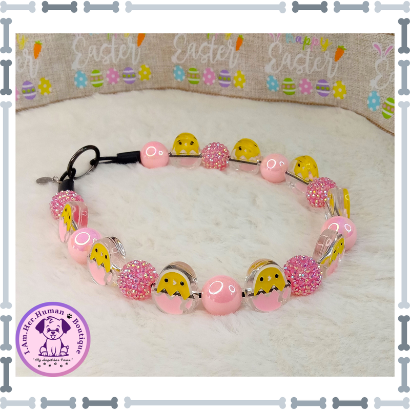 Easter, Pink, Easter Chick, Rhinestones, Chunky Glam Bead Dog Collar, Bubblegum Dog Collar, Beaded Dog Collar, Bubblegum Beaded Collar, Dog Pearls, Acrylic