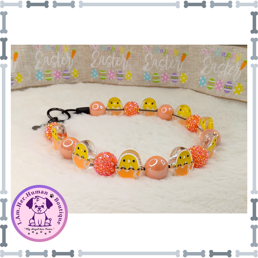 Easter, Pastel Orange, Easter Chick, Rhinestones, Chunky Glam Bead Dog Collar, Bubblegum Dog Collar, Beaded Dog Collar, Bubblegum Beaded Collar, Dog Pearls, Acrylic