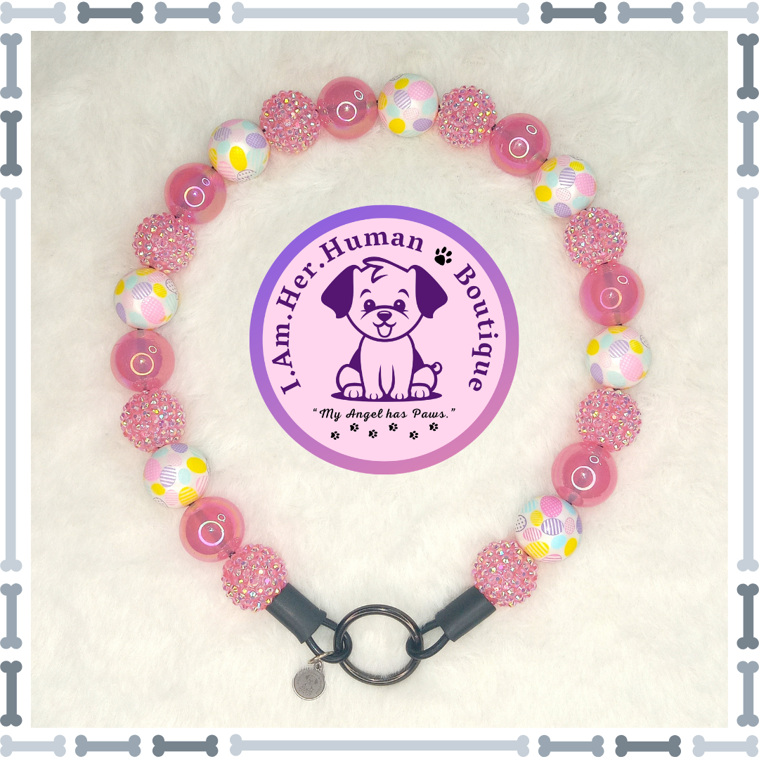 Pink Easter Candy, Easter Egg Print Beads, Rhinestones, Chunky Glam Bead Dog Collar, Bubblegum Dog Collar, Beaded Dog Collar, Bubblegum Beaded Collar, Dog Pearls, Acrylic