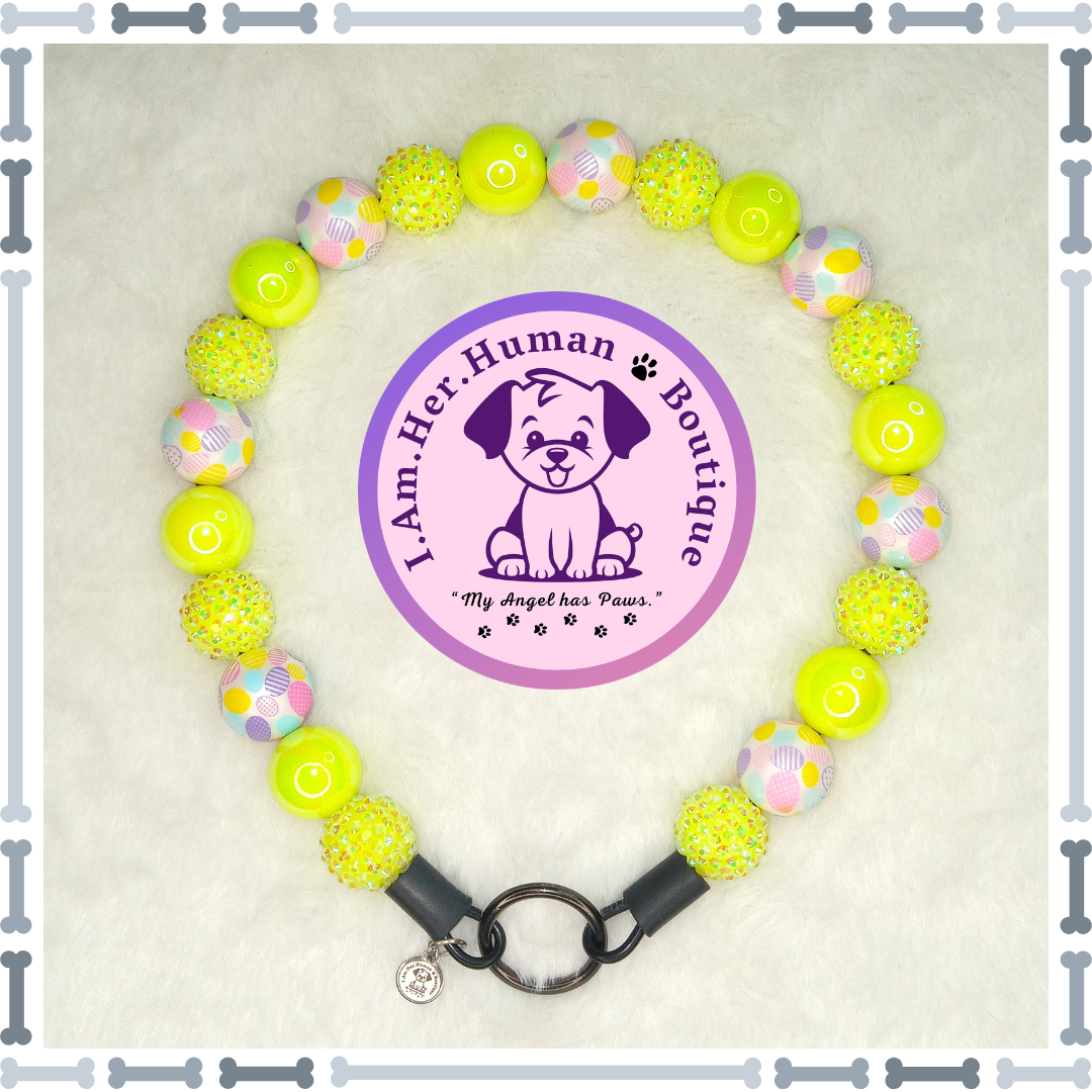 Yellow Easter Candy, Easter Egg Print Beads, Rhinestones, Chunky Glam Bead Dog Collar, Bubblegum Dog Collar, Beaded Dog Collar, Bubblegum Beaded Collar, Dog Pearls, Acrylic
