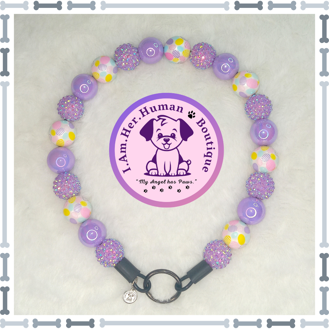 Purple Easter Candy, Easter Egg Print Beads, Rhinestones, Chunky Glam Bead Dog Collar, Bubblegum Dog Collar, Beaded Dog Collar, Bubblegum Beaded Collar, Dog Pearls, Acrylic