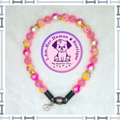 Lil Pink Lemonade | Custom | Durable | Slip On | Small | Bubblegum Bead | Beaded Dog Collar | Dog Pearls | Dog Necklace | Pink | Neon Yellow | Handmade
