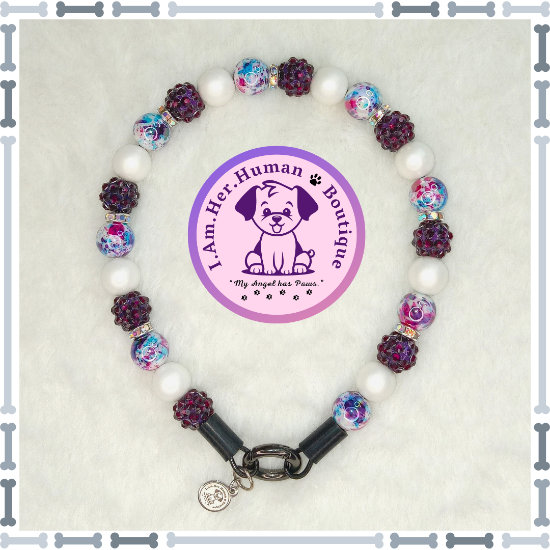 Elegant Treasure | Custom | Durable | Slip On | Small | Bubblegum Bead | Beaded Dog Collar | Dog Pearls | Dog Necklace | Plum Purple White Blue | Easter Collar