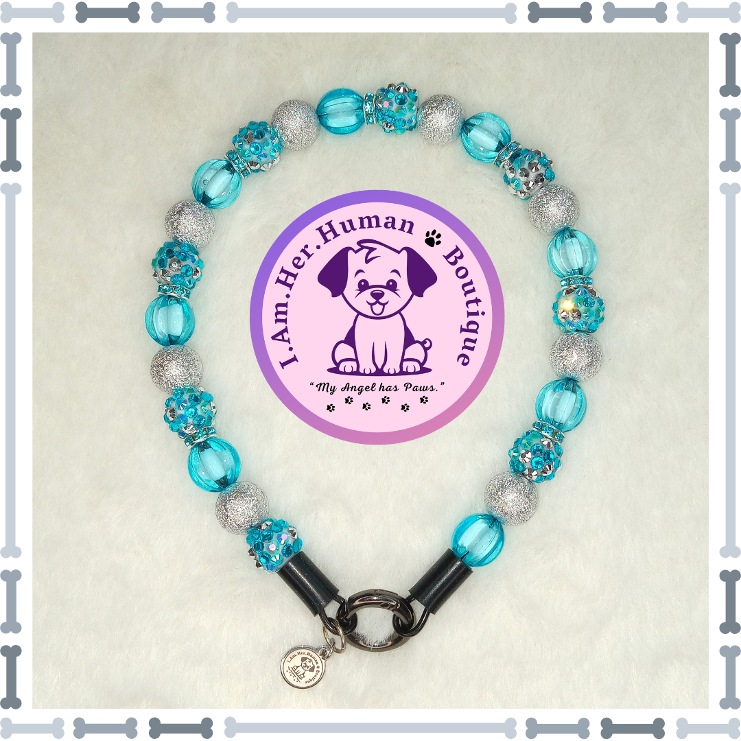 Lil Turquoise Glitz | Custom | Durable | Slip On | Small | Bubblegum Bead | Beaded Dog Collar | Dog Pearls | Dog Necklace | Blue Turquoise | Silver | Handmade