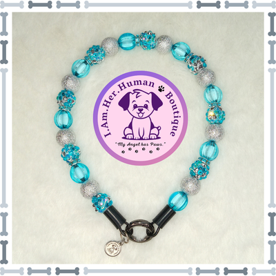 Lil Turquoise Glitz | Custom | Durable | Slip On | Small | Bubblegum Bead | Beaded Dog Collar | Dog Pearls | Dog Necklace | Blue Turquoise | Silver | Handmade