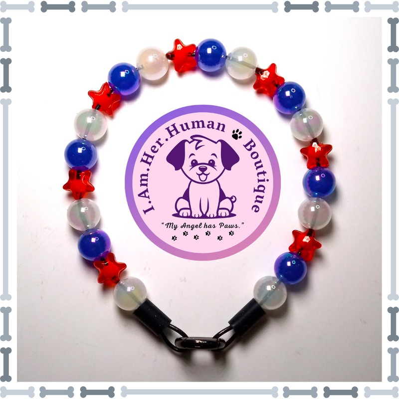 Americana Collar, Red Stars, White, Blue, XS Mini Glam Dog Bead Collar, Bubblegum Bead Dog Collar, XS Mini Beaded Dog Collar, Bubblegum Beaded Collar, Acrylic