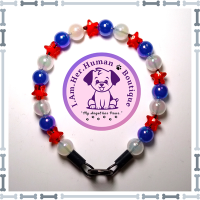Americana Collar, Red Stars, White, Blue, XS Mini Glam Dog Bead Collar, Bubblegum Bead Dog Collar, XS Mini Beaded Dog Collar, Bubblegum Beaded Collar, Acrylic