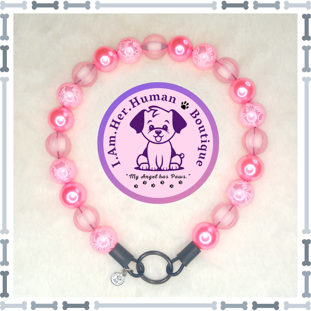 Pink Lace Diva | Beaded Dog Collar | Bubblegum Dog Collar | Dog Pearls | Dog Necklace | Acrylic | Slip On | Pink | Chunky Bead | Glam Dog Collar