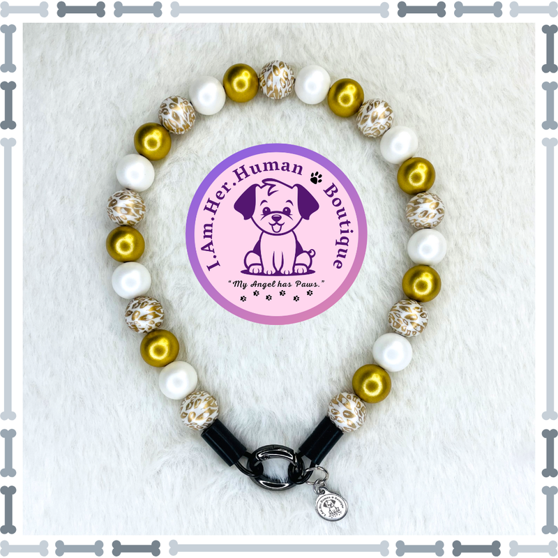 Golden Leopard | Beaded Dog Collar | Bubblegum Dog Collar | Dog Pearls | Dog Necklace | Acrylic Bead Collar | Slip On | Gold | Leopard Print | White | Small Dog Collar
