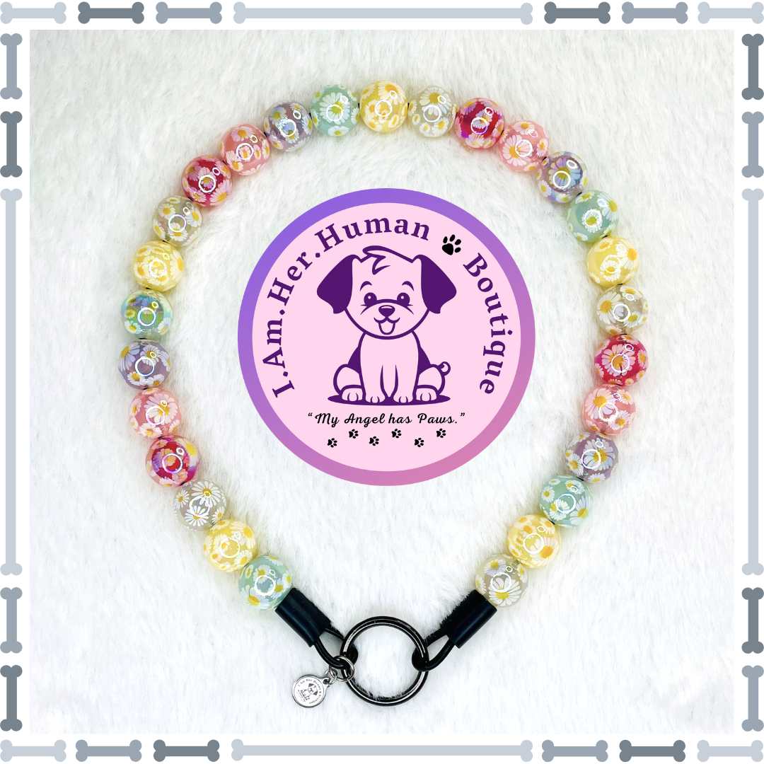 Daisy Print Pastel Beads, Mini Bead Dog Collar, Bubblegum Bead Dog Collar, Mini Beaded Dog Collar, Bubblegum Beaded Collar, Acrylic, Dog Pearls, Bead Dog Necklace