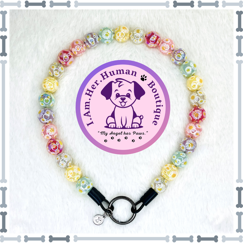 Daisy Print Pastel Beads, Mini Bead Dog Collar, Bubblegum Bead Dog Collar, Mini Beaded Dog Collar, Bubblegum Beaded Collar, Acrylic, Dog Pearls, Bead Dog Necklace