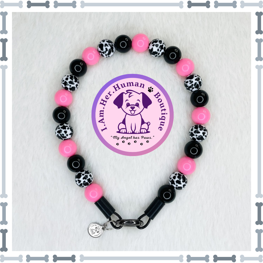 Lil Black &amp; White Cow Print | Custom | Bubblegum Bead | Dog Collar | Dog Pearls | Dog Necklace | XS Mini Dog Collar | Acrylic | Bubblegum Pink | Slip On | Small Dog Collar