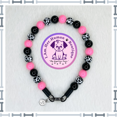 Lil Black &amp; White Cow Print | Custom | Bubblegum Bead | Dog Collar | Dog Pearls | Dog Necklace | XS Mini Dog Collar | Acrylic | Bubblegum Pink | Slip On | Small Dog Collar