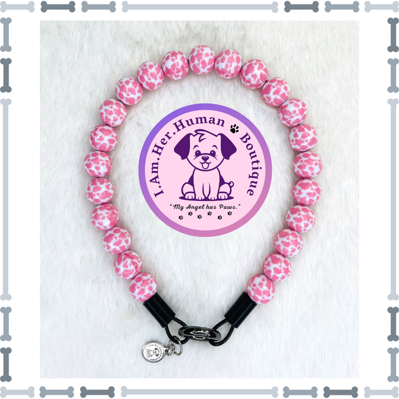 Lil Pink Cow Print | Beaded Dog Collar | Bubblegum Dog Collar | Dog Pearls | Dog Necklace | Acrylic Bead Collar | Slip On | Pink | White | Cow Print | Small Dog Collar