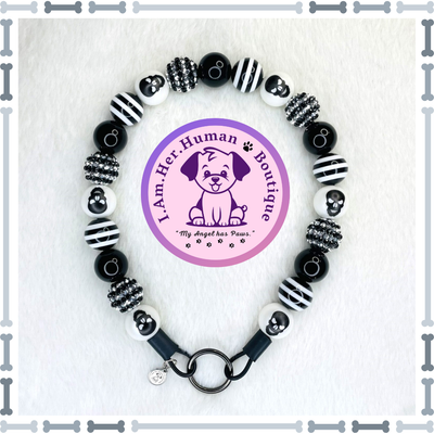 Onyx Skulls | Custom | Bubblegum Dog Collar | Beaded Dog Collar | Dog Pearls | Beaded Dog Necklace | Slip On | Acrylic | Black Skulls | White | Male Dog Collar