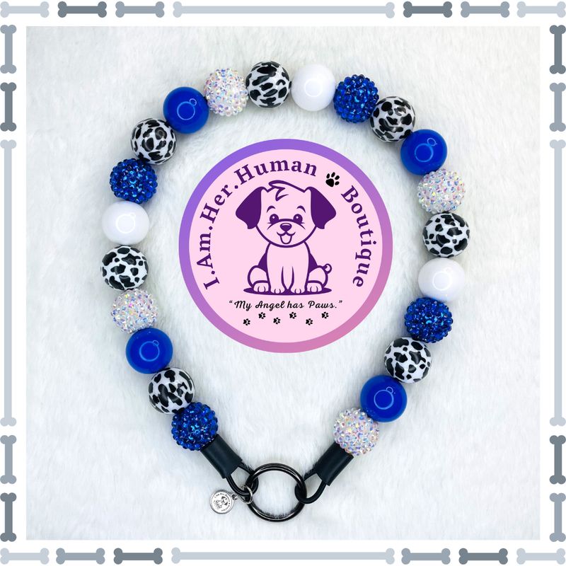 Cowgirl Days | Beaded Dog Collar | Bubblegum Dog Collar | Dog Pearls | Dog Necklace | Acrylic | Slip On | Blue | Cow Print