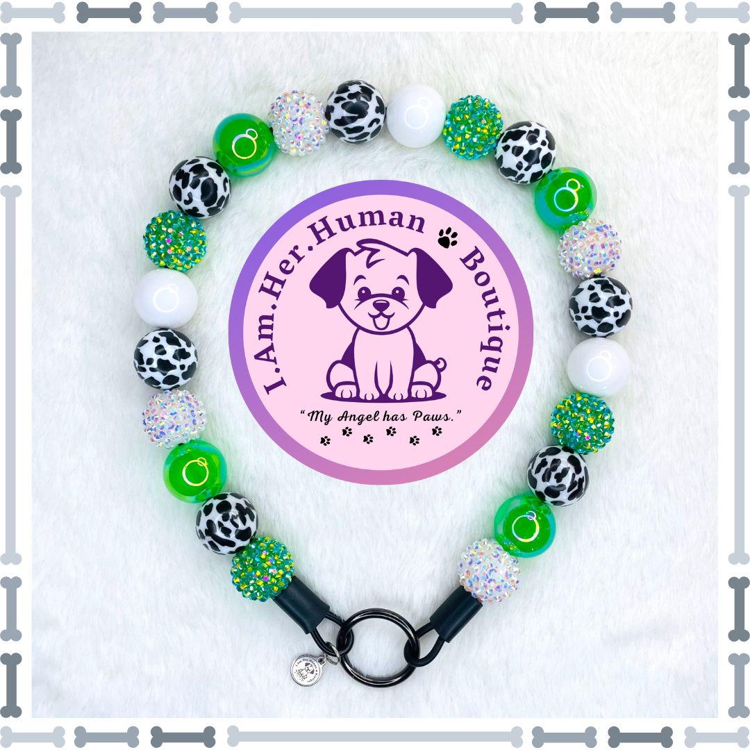 Cowgirl Dazzle | Beaded Dog Collar | Bubblegum Dog Collar | Dog Pearls | Dog Necklace | Acrylic | Slip On | Green | Cow Print