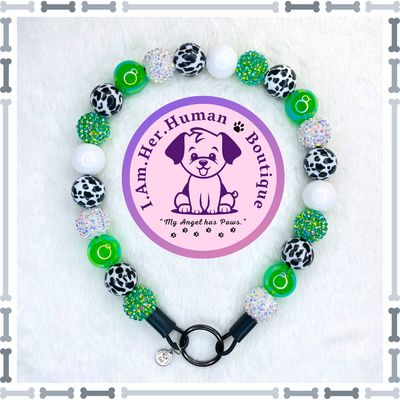 Cowgirl Dazzle | Beaded Dog Collar | Bubblegum Dog Collar | Dog Pearls | Dog Necklace | Acrylic | Slip On | Green | Cow Print
