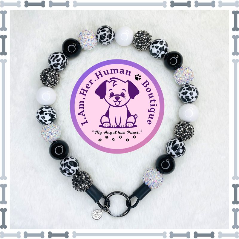 Cowgirl Grit | Beaded Dog Collar | Bubblegum Dog Collar | Dog Pearls | Dog Necklace | Acrylic | Slip On | Black | Cow Print