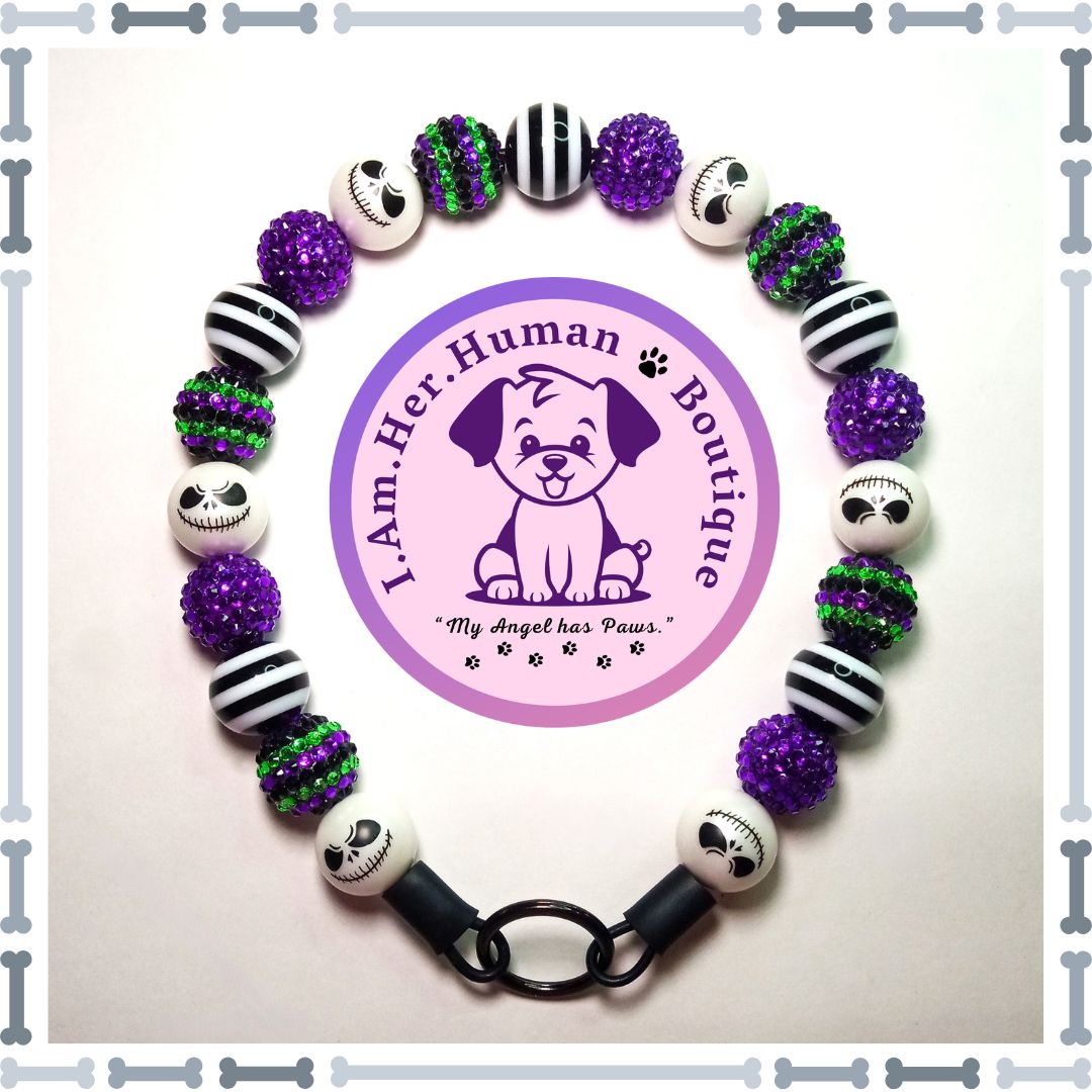 Halloween, Striped Rhinestone, White Jack Face, Striped, Chunky Glam Bead Dog Collar, Bubblegum Bead Dog Collar, Beaded Dog C