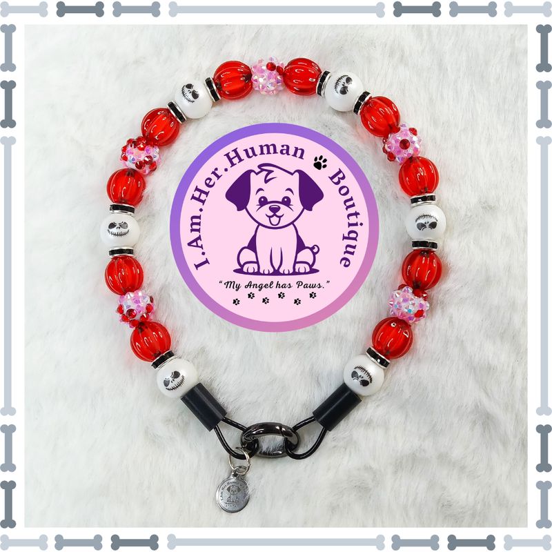 Jack Skellington Valentines Dog Collar, Red, Pink, White, Rhinestones, XS Bubblegum Dog Collar, Holiday Bead Dog Collar, XS M