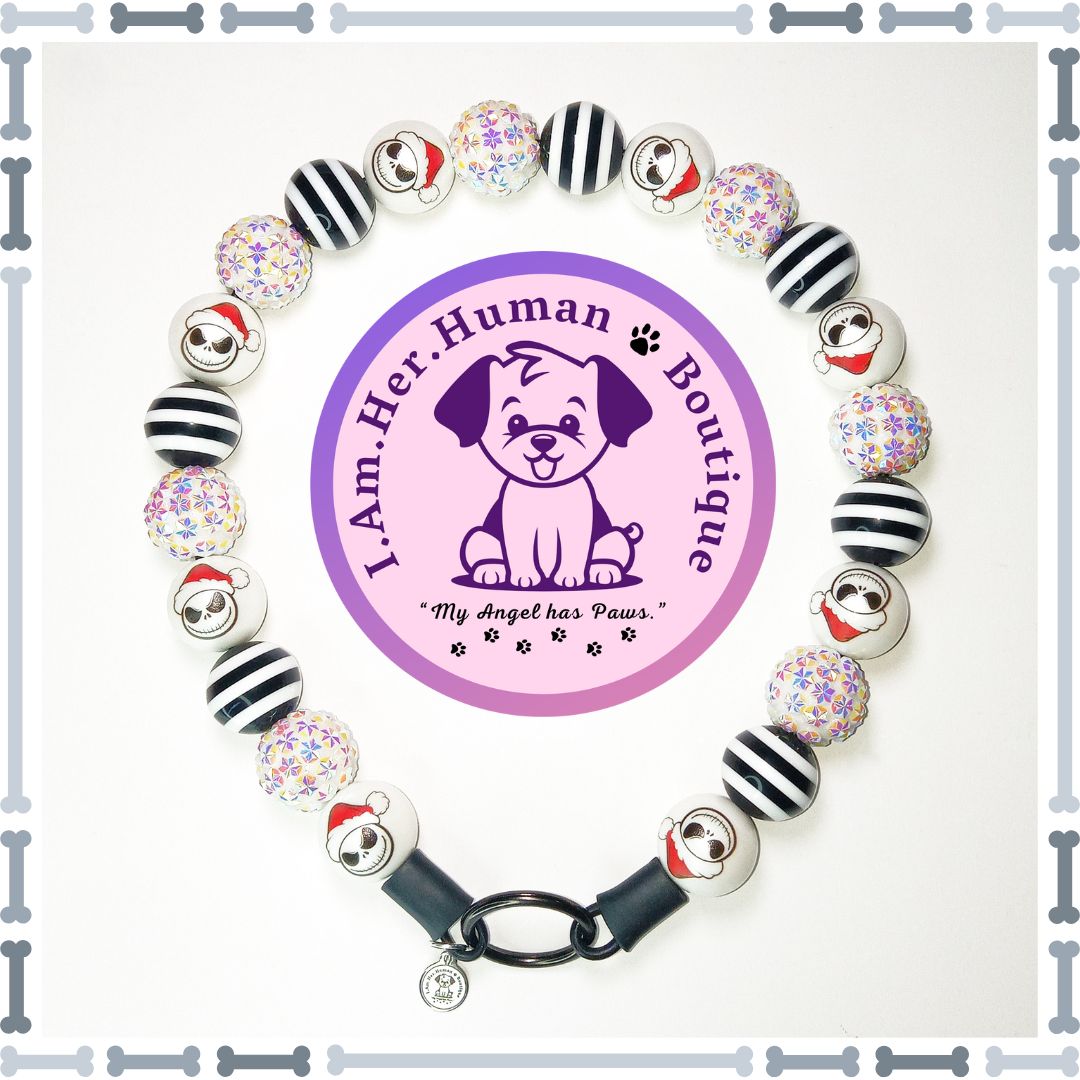 Christmas, Striped Rhinestone, Santa Jack Face, Striped, Chunky Glam Bead Dog Collar, Bubblegum Bead Dog Collar, Beaded Dog C