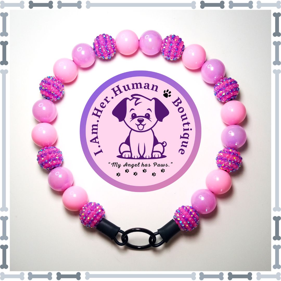 Purple &amp; Pink Rhinestone, Lilac Jelly AB, Cotton Candy Pink, Chunky Glam Bead Dog Collar, Bubblegum Bead Dog Collar, Beaded D