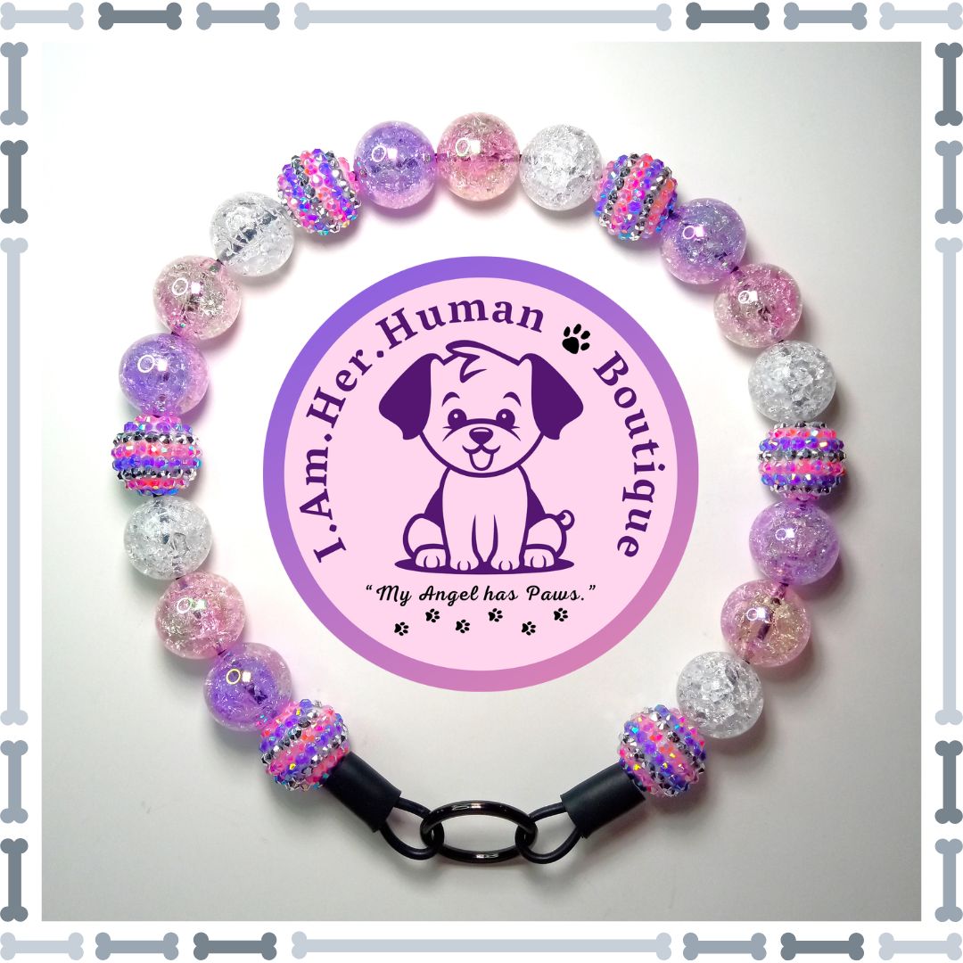 Purple &amp; Pink Rhinestone, Purple Crackle, Pink Crackle, White Crackle, Chunky Glam Bead Dog Collar, Bubblegum Bead Dog Collar